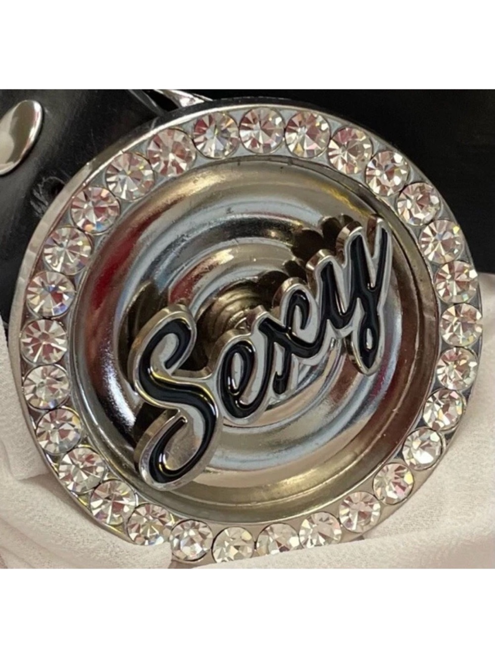 Vintage SEXY Rhinestone Bling Spinner Chrome Belt Buckle Black Belt